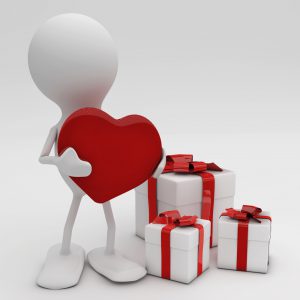 stick figure holding a heart surrounded by gifts